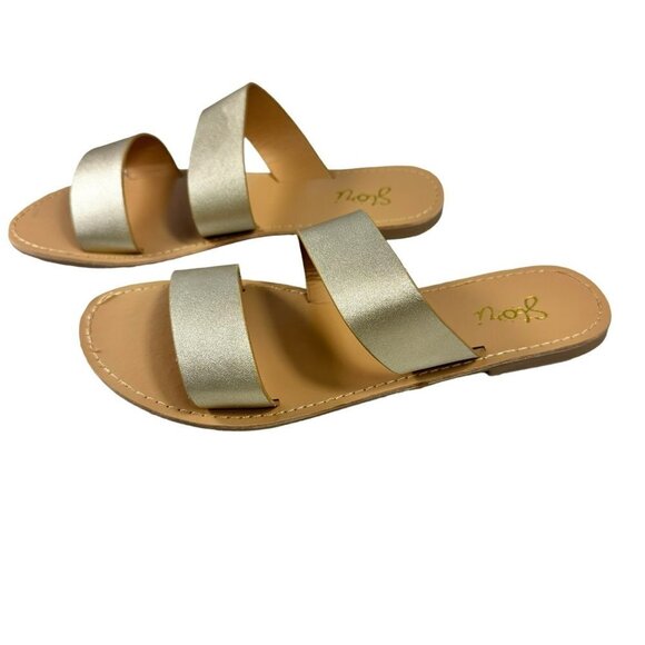 Gold Metallic Double Wide Straps Slide Sandal‎ Women's Slip on Size 8 - Picture 4 of 9